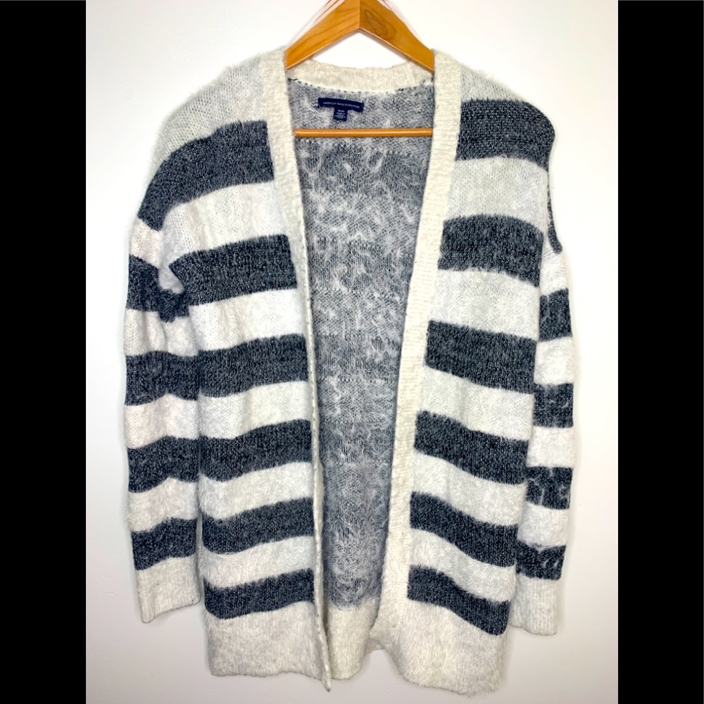 American Eagle Stripe Open Front Cardigan Blue White Size Medium Nautical Beach
